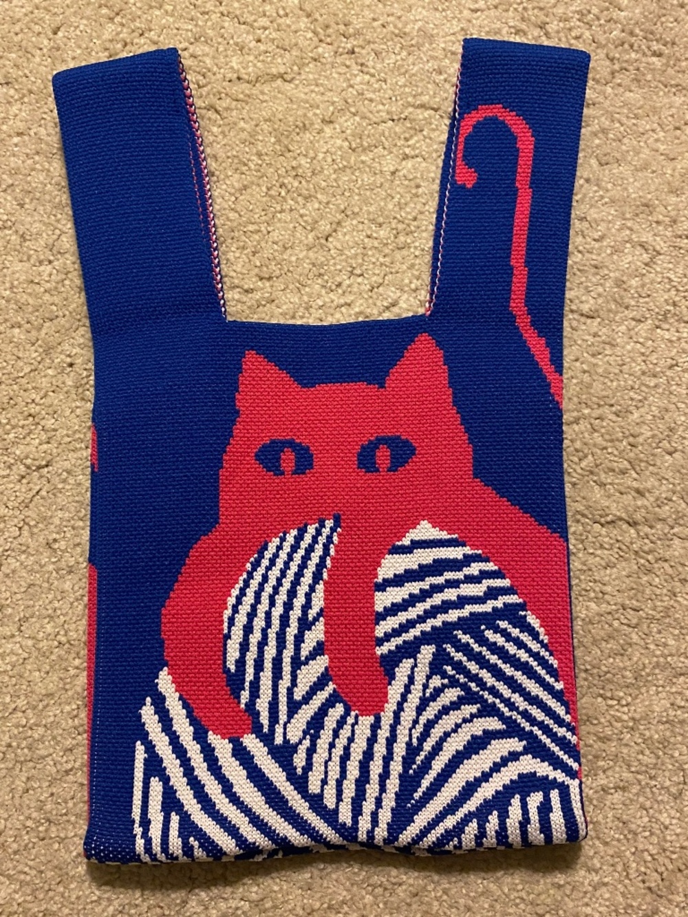 Mini Woven Lunch/Shopping Bag-Red White & Blue-Cat with Ball of Yarn-New